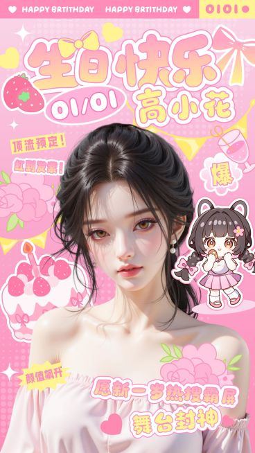 粉丝应援生日祝福甜美感元素拼贴手机海报aigc预览效果