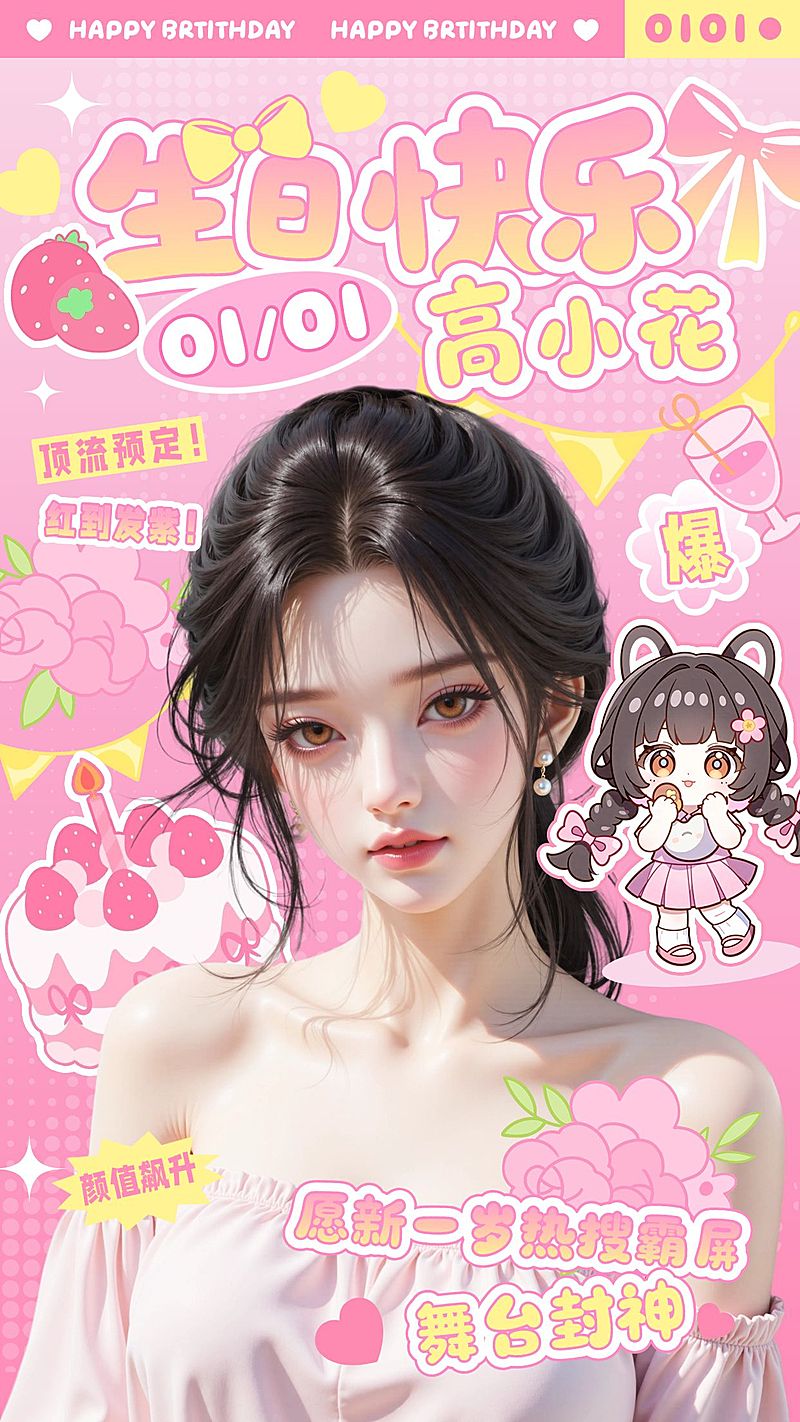 粉丝应援生日祝福甜美感元素拼贴手机海报aigc