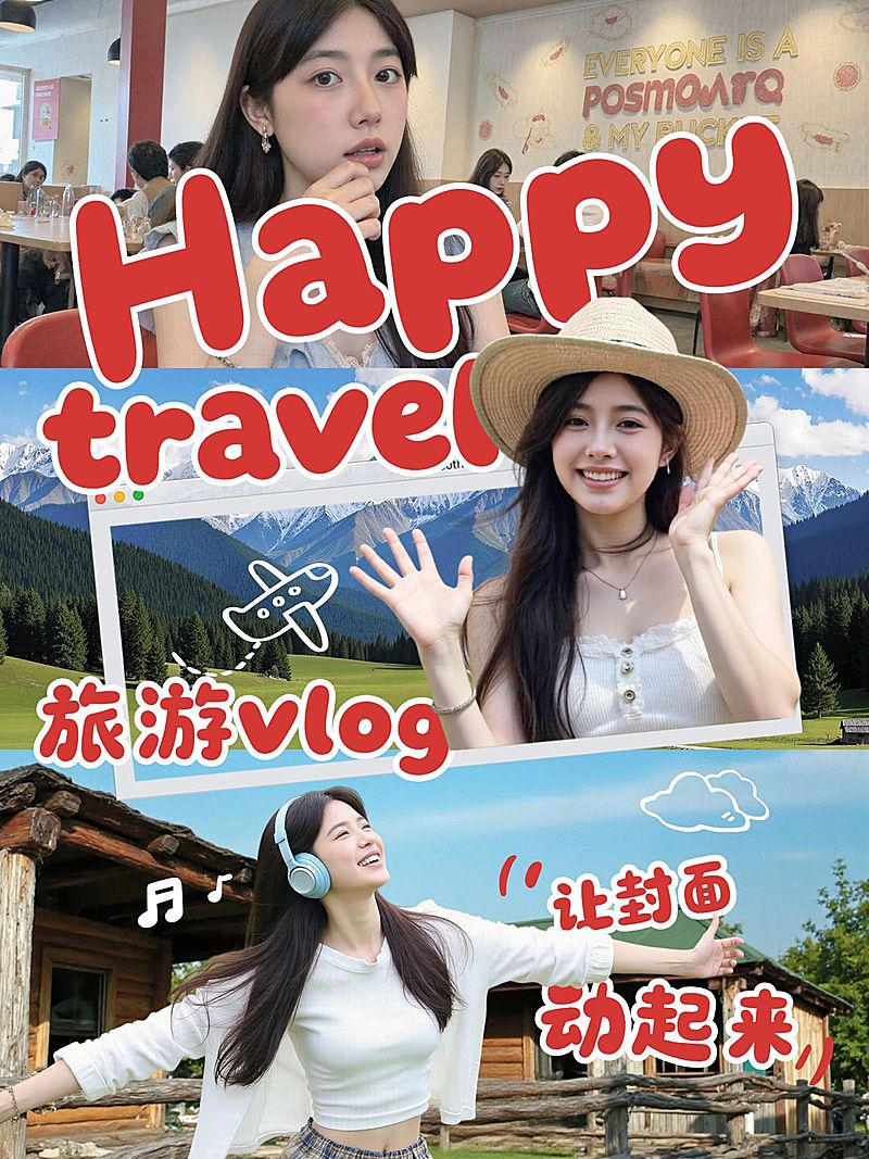 旅游出行三宫格拼图vlog记录分享生活感小红书封面aigc