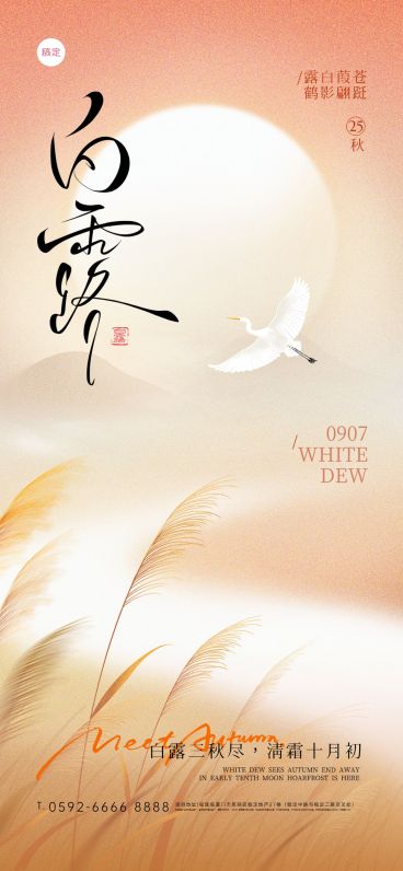白露节气肌理感渐变芦苇白鹭海报预览效果