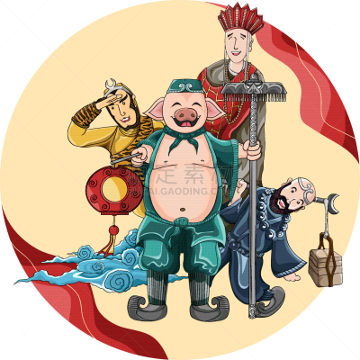 性格,线条画,西游记,可爱的,旅途,传统,泰国,传统节日,复古,绘制