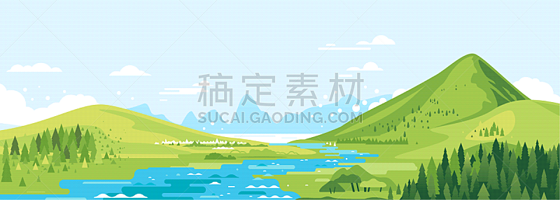 green mountains travel landscape in flat style