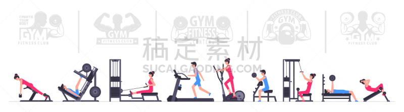健身房,室内,运动,健康,现代,女人,设备用品,绘画插图,健身器械,人体