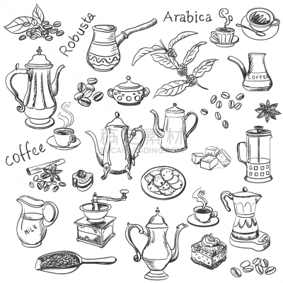 绘画插图,咖啡,动物手,饮料,茶,热,背景分离,蛋糕,杯,牛奶