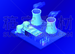 电力线,三维图形,工厂,建筑业,车站,能源,绘画插图,核电站,蓝色,霓虹灯