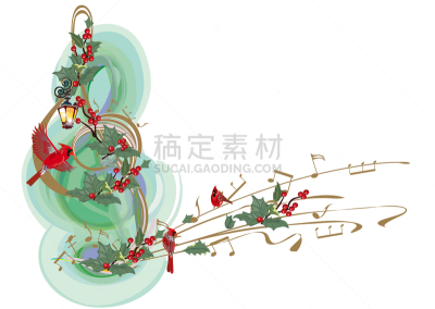 鸟类,高音谱号,音符,音乐,冬天,冬青树,雪花,抽象,请柬,贺卡