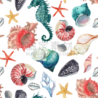 水彩画,式样,海洋生命,华丽的,纺织品,壁纸,现代,海星,复古,绘制