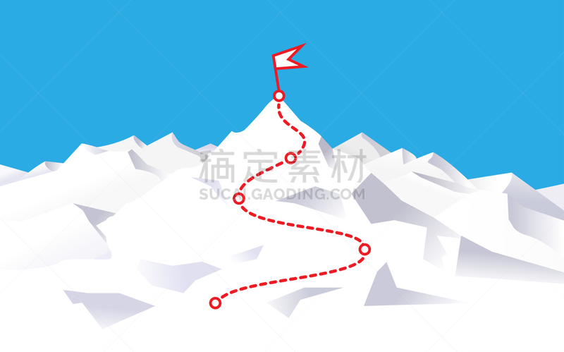 Mountain route to peak with flag. Way to success. Way to top. Business journey path in progress to success vector concept. Mountain peak, climbing route to top rock – vector illustration