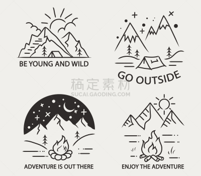 山,简单,分界线,旅途,柴火,信函,露营,休闲,复古,绘制