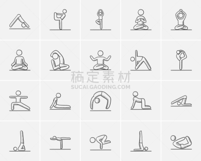 瑜伽,草图,图标集,分离着色,白色,图像,矢量,绘制,练习,训练