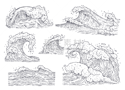 波浪,海洋,黑白图片,分离着色,动物手,白色背景,背景分离,环境,船,暴风雨