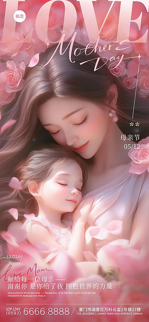 母亲节温馨感3D母亲妈妈孩子背景全屏海报AIGC