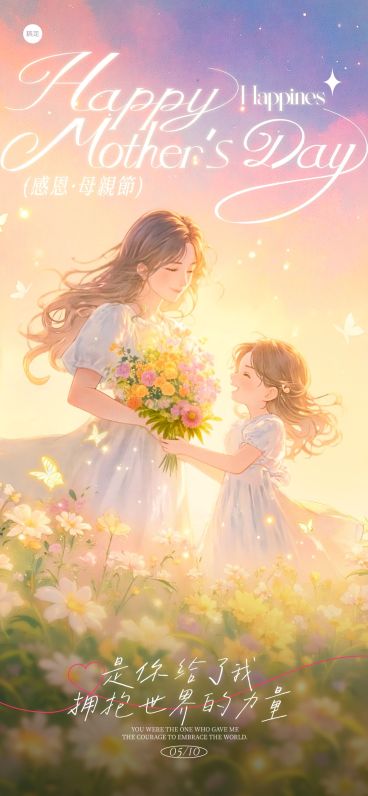 母亲节梦幻感发光温馨孩子送花祝福海报预览效果