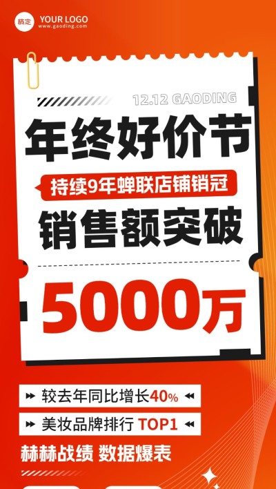 双十二年终好价节美容美妆销售战报大字风全屏竖版海报