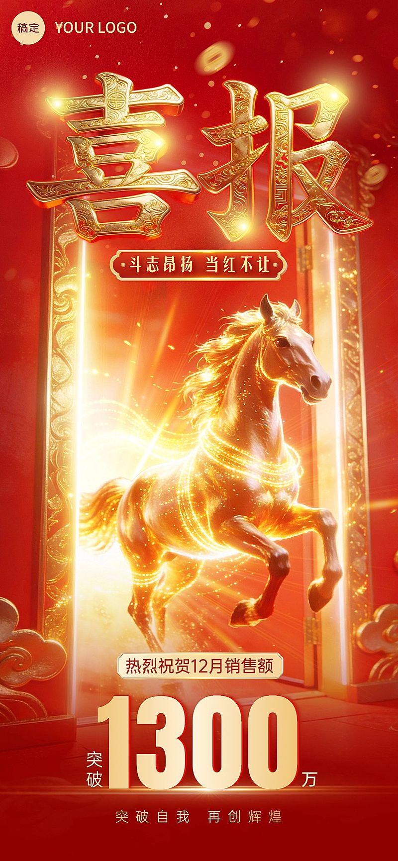 马年业绩喜报红金光感全屏竖版海报