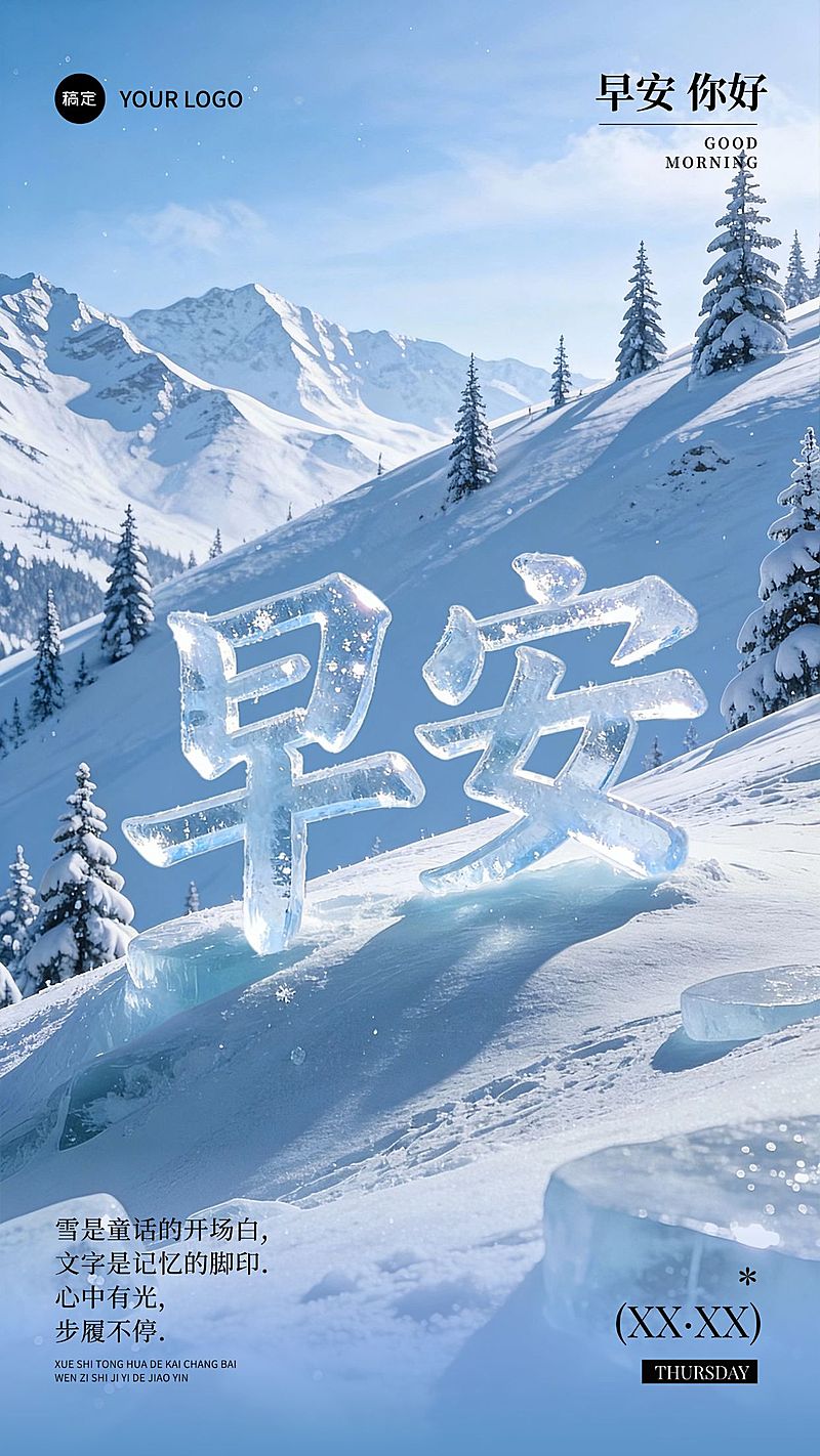 日签早安祝福正能量语录雪景竖版海报