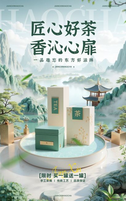 茶叶产品展示营销卖货宽阔感电商竖版海报AIGC预览效果