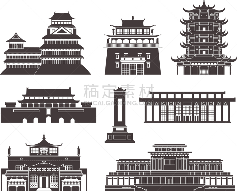东亚,黑色,建筑,图像,矢量,收集,复古,旅行,旅游