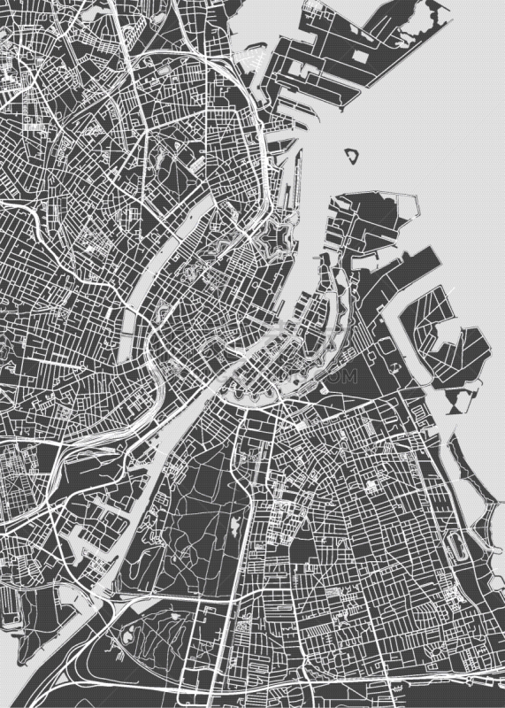 哥本哈根,做计划,单色调,街道图,复杂,公园,河流,建筑结构,城市,剪影
