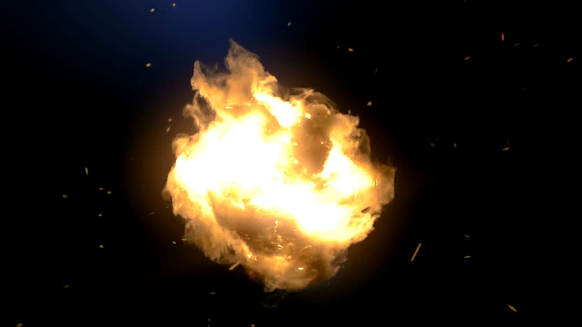 计算机产生的漩涡就像魔法爆炸一样，伴随着炽热的火花和黑暗的烟雾。3D渲染。 ，超高清分辨率。