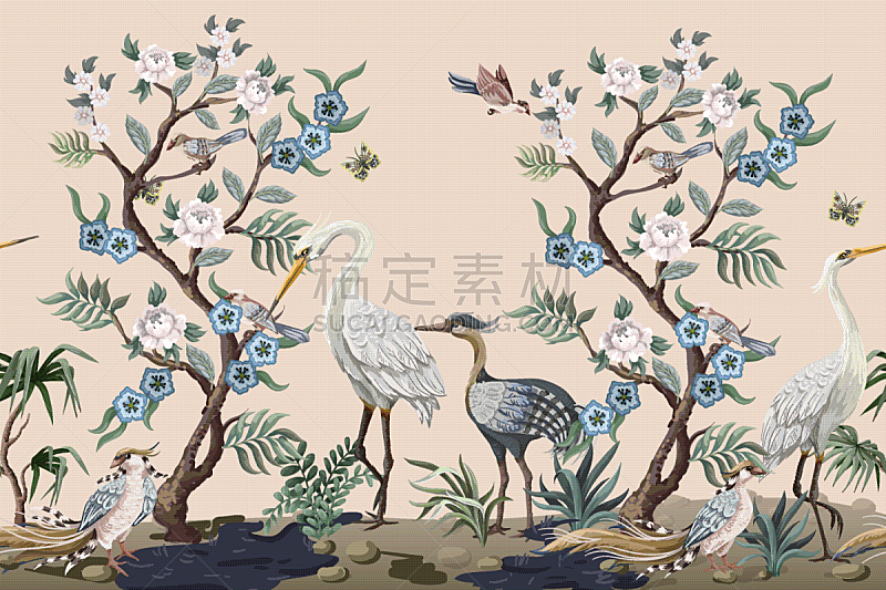 border in chinoiserie style with herons and