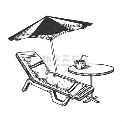 雕刻图像,海滩,组物体,椅子,夏天,剪贴画,木版画,分离着色,复古,绘制