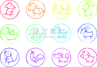 毡尖笔,计算机图标,动物手,彩色背景,概念象征,十二生肖,狗,猪,牛,动物