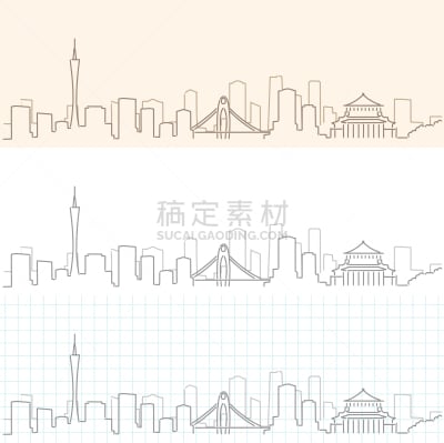 广州,城市天际线,城市,线条画,草图,亚洲,铅笔,绘制,剪影