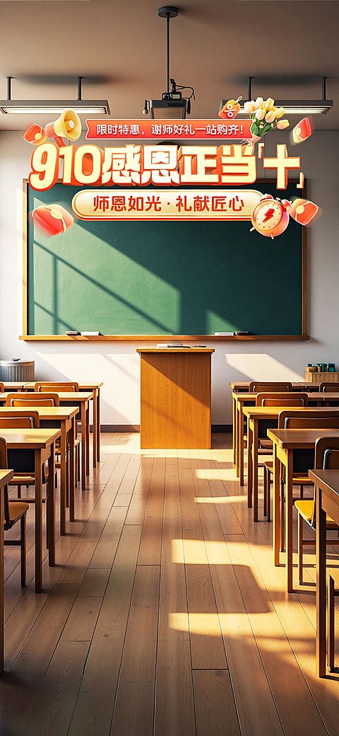 教师节教室实景商品零售节日营销实景感直播间背景AIGC