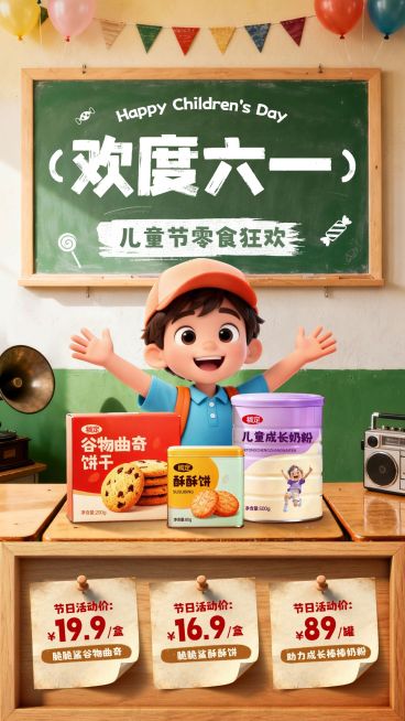 六一儿童节产品营销商品零售复古感手机竖屏海报预览效果