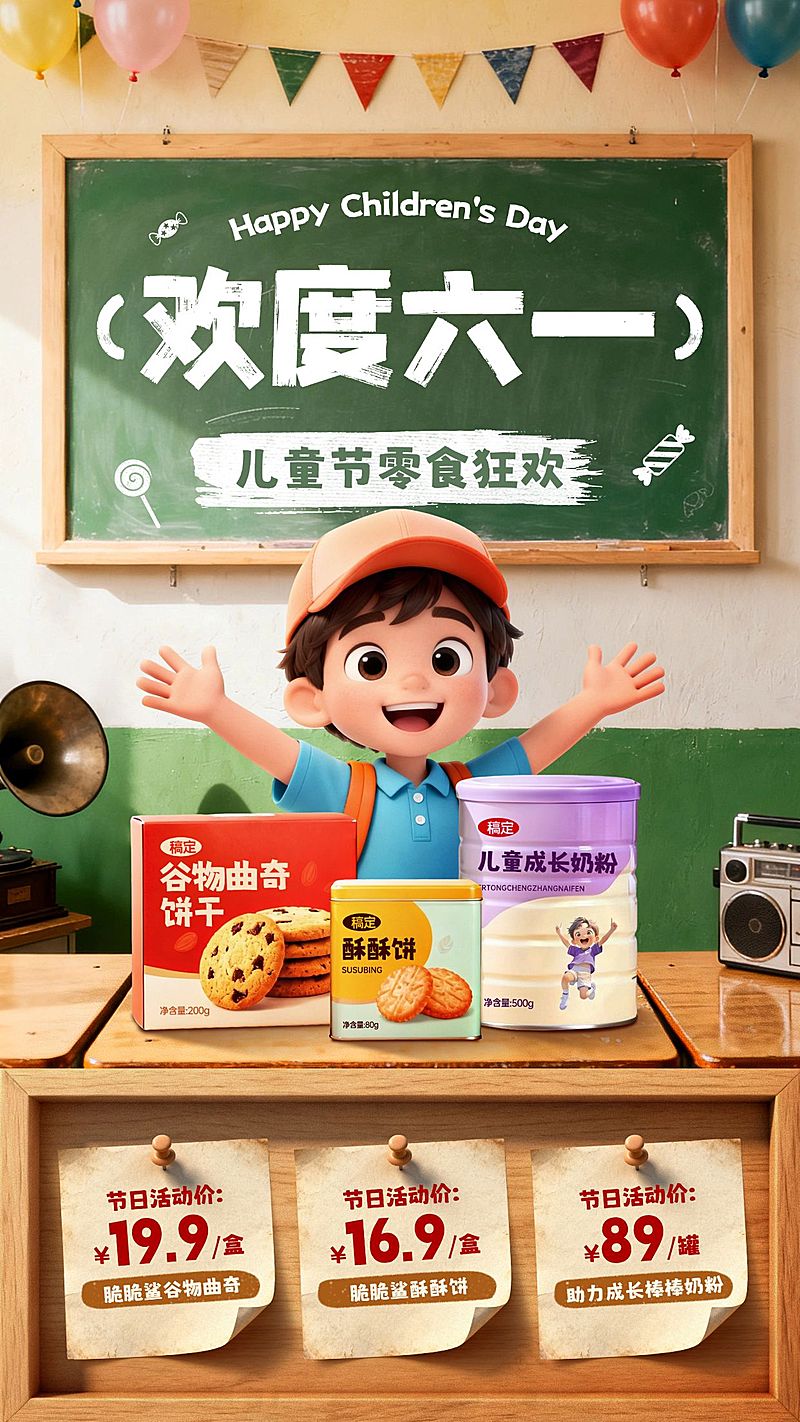 61儿童节产品营销商品零售复古感手机竖屏海报