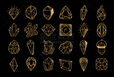 水晶,白色背景,黄金,石英,矢量,几何学,宝石,矿物质,石头,剪影