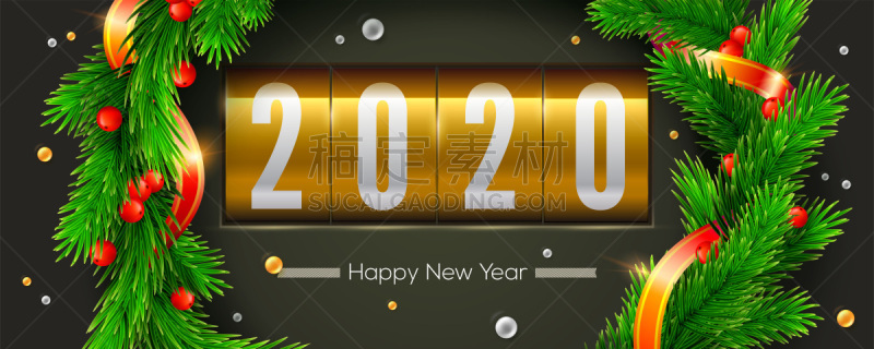 贺卡,矢量,水平画幅,新年前夕,杉树,钟,绘画插图,枝