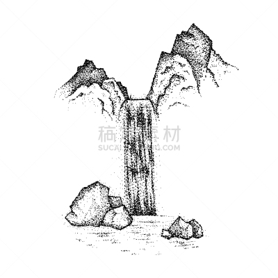 瀑布,地形,传统,河流,石头,岩石,绘制,作画,复古
