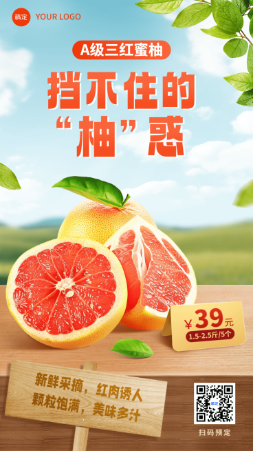 食品生鲜柚子产品营销手机海报预览效果