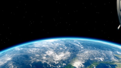 国际空间站ISS在地球大气层上旋转。环绕地球的空间站。3D动画。