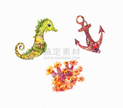 水彩画,海马,海洋,锚,海葵,可爱的,小的,恶作剧,复古,游泳