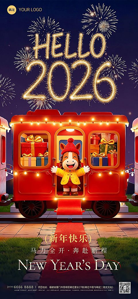 元旦节日祝福通用2026新年3d趣味感全屏竖版海报