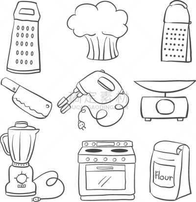 乱画,厨房器具,银餐具,饮料,可爱的,咖啡,食品,绘制,收集,烹调