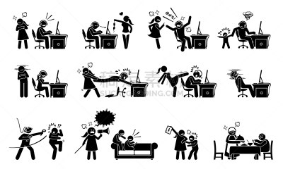 简笔人物画,游戏障碍,丈夫,计算机,家庭,父母,妻子,争论