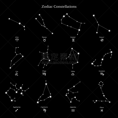绘画插图,星座,直的,天秤座,双子座,水瓶座,背景分离,数字12,狮子座,巨蟹座