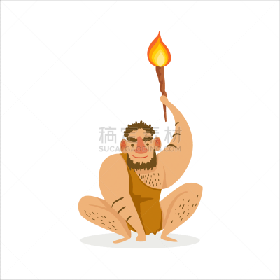 男人,燃烧的火炬,多毛的,卡通,猿,火,衣服,远古的,人,蹲