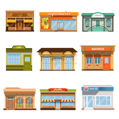 建筑外部,商店,窗户,公寓,橱窗展示,图标集,分离着色,商务,外立面,收集