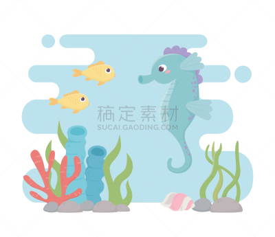 在下面,卡通,生活方式,海马,海洋,礁石,鱼类