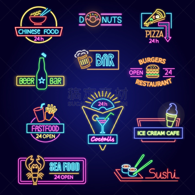 食品,霓虹灯,夜晚,分离着色,闪亮的,文字,夜生活,发光,照亮