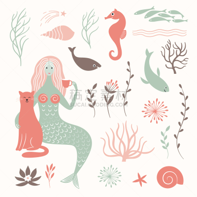 海洋生命,猫,美人鱼,插画,分离着色,幻想,图像,海洋,布置,装饰