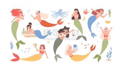 可爱的,分离着色,美人鱼,乐趣,华丽的,飘然,公主,女人,自然美,收集