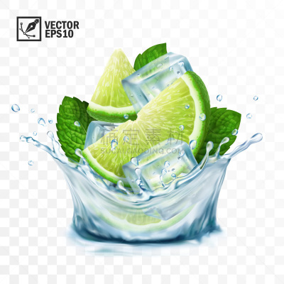三维图形,莫吉托,矢量,水,冰块,酸橙,透明,薄荷,溅,写实