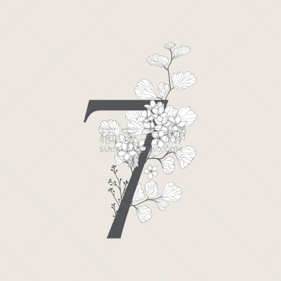 品牌名称,印有花压字品牌,数字7,华丽的,有叶的,字母表次序,山茱萸,花,问候,复古