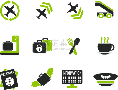 图标集,机场,旅行的人,机票,行李,杯,手提箱,等候室,交通方式